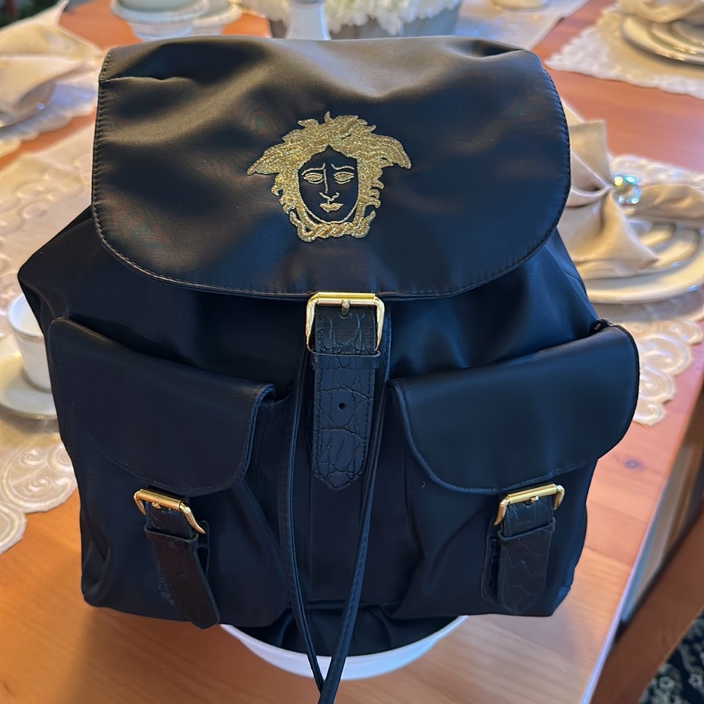 Versace Black Nylon Backpack with Gold Medusa Emblem COA included